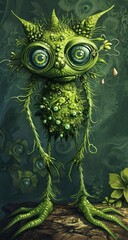  a green creature with big eyes standing on a log in the middle of a forest with lots of green plants and plants growing on the sides of the edge of the picture.