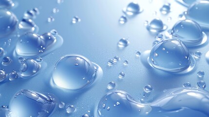 Blue and White Background with Liquid Droplets on Surface. Glossy Wallpaper with Copy-Space.