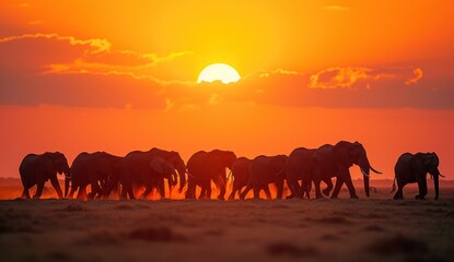  a herd of elephants walking across a dry grass field under a bright orange and blue sky with the sun setting in the distance in the middle of the middle of the horizon.