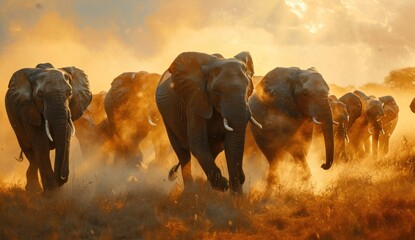  a herd of elephants walking across a dry grass field in front of a cloud of orange and yellow smoke rising from the back of the elephant's back end of the pack.