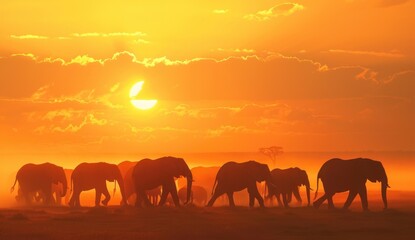 Fototapeta na wymiar a herd of elephants walking across a dry grass field under a bright orange sky with the sun in the middle of the horizon with clouds and the sun in the distance.