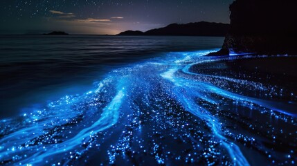  a body of water with a lot of blue lights on the water and a hill in the distance with a sky full of stars in the middle of the water.