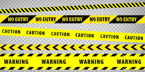 Black and yellow police stripe border, construction, danger, warning, no entry, caution tapes set. Set of danger caution grunge tapes.  Warning signs for your  design on transparent background. EPS10