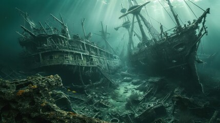  a large ship sitting on top of a body of water next to a bunch of wrecks on the bottom of the ocean floor with sunlight streaming through the water. - obrazy, fototapety, plakaty