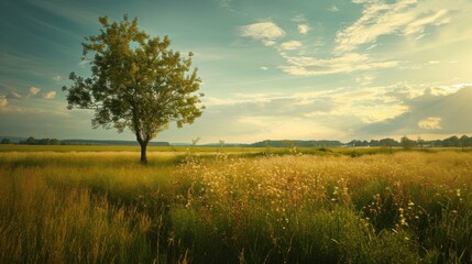  a lone tree stands in the middle of a field of tall grass with wildflowers in the foreground and a blue sky with white clouds in the background.