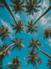 a tropical look upward photo of palm trees with blue sky