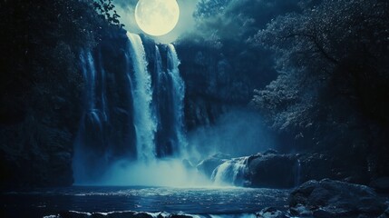  a waterfall with a full moon in the sky above it and a body of water in the foreground with rocks in the foreground and trees in the foreground.