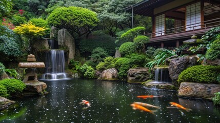  a japanese garden with koi fish swimming in the pond and a waterfall in the middle of the pond, surrounded by greenery, rocks, and trees and a building.