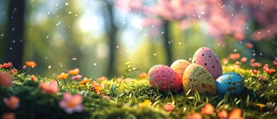 Foto op Plexiglas  a group of painted easter eggs sitting on top of a lush green grass covered field next to a forest filled with pink and yellow flowers on a sunny spring day. © Jevjenijs