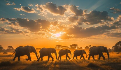 Fototapeta na wymiar a herd of elephants walking across a dry grass field under a cloudy sky with the sun setting in the middle of the field behind them and behind them is a line of trees.