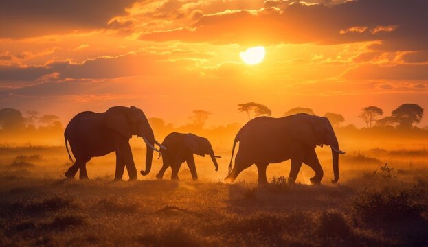  a herd of elephants walking across a dry grass field under a cloudy sky with the sun setting in the distance in the middle of a field with grass and trees in the foreground.