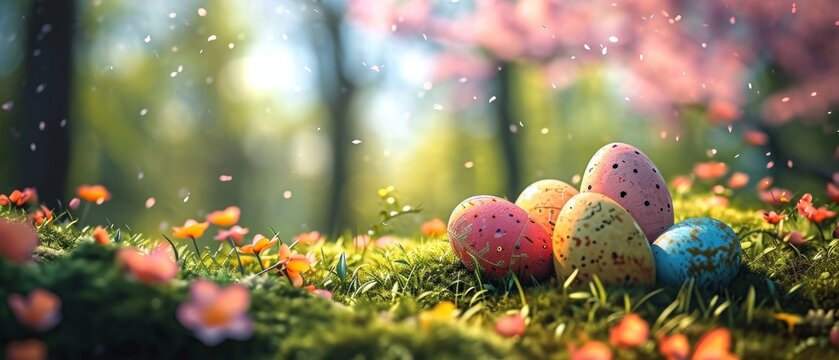  a group of painted easter eggs sitting on top of a lush green grass covered field next to a forest filled with pink and yellow flowers on a sunny spring day.