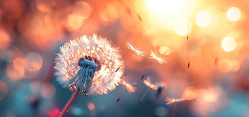  a dandelion blowing in the wind in front of a blurry image of a yellow and blue sky with the sun shining down on the dandelions.
