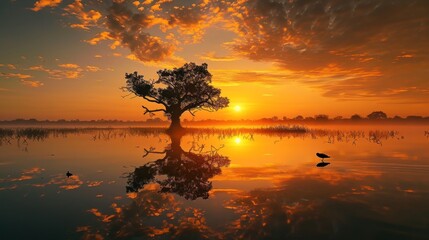  a tree sitting in the middle of a body of water with the sun setting in the background and clouds in the sky and reflecting in the water at the foreground.
