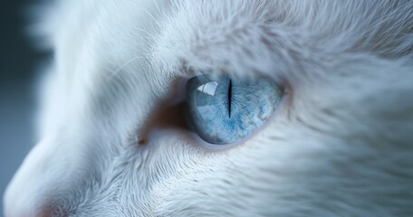  a close up of a white cat's eye with a blue patch in the center of the cat's eye and a black spot in the middle of the cat's eye.