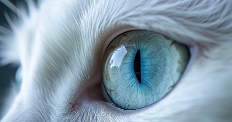  a close up of a cat's eye with a blue and white cat's eyeball in the center of the cat's left side of the eye.
