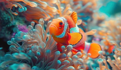  a close up of a clown fish on a coral with anemone in the foreground and anemone in the foreground, and anemone in the background.