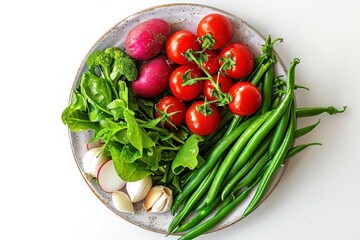 Top view of fresh green beans garlic cherry tomatoes on branch with radish and greens on plate above white background