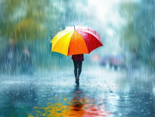  a person walking in the rain with an umbrella over their head and a rainbow reflection on the wet ground in front of a green, yellow, red, orange, red, orange, and blue, and green, and red umbrella.