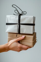 Female hand with packages on white background