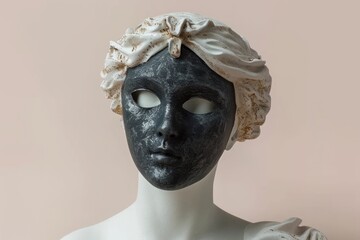 Plaster antique goddess statue in black mask.