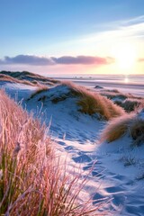 , Schleswig-Holstein, St. Peter-Ording, Grassy sand dunes at sunset