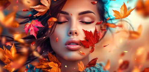  a woman with her eyes closed and her eyes closed, surrounded by autumn leaves, is shown in the foreground of a photograph of a woman's face with her eyes closed.