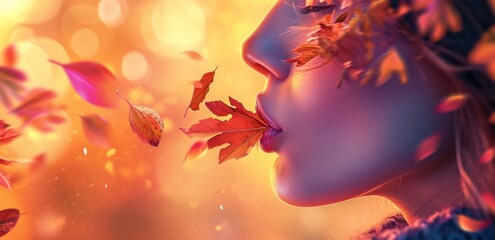  a close up of a woman's face with autumn leaves coming out of her mouth and leaves flying in the air above her, on a yellow background of a boke of boke of boke of leaves.