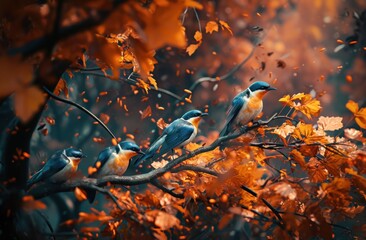  a group of birds sitting on top of a tree branch in front of a forest filled with orange and yellow leaves on a sunny day with a few inches of fall leaves.