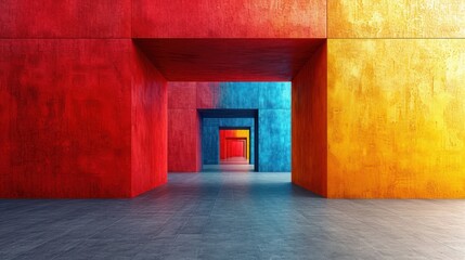  a hallway with red, yellow, and blue walls and a red door at the end of the hallway is lit by a bright light at the end of the room.
