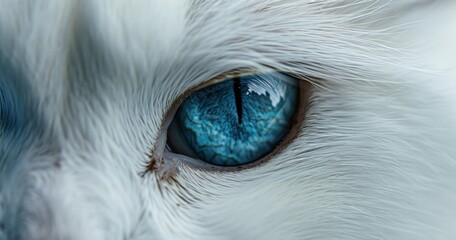  a close up of a white cat's eye with a blue iris in the center of the cat's eye and a black spot on the side of the cat's eye.