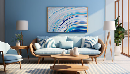 Modern apartment with comfortable sofa, blue wallpaper, and striped cushion generated by AI - obrazy, fototapety, plakaty