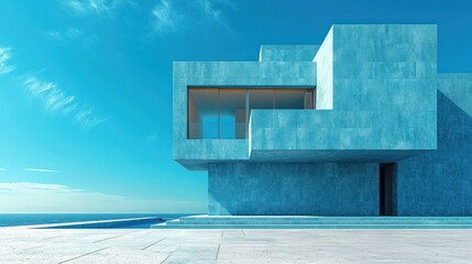  a blue building sitting next to the ocean under a blue sky with wispy wispy clouds and a window on the top of the side of the building.