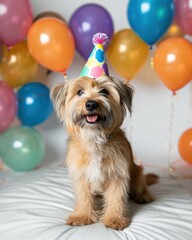 Fluffy dog wearing birthday hat with balloons on white background.