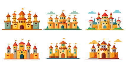 Colorful fairytale castles vector illustration set on white background - obrazy, fototapety, plakaty