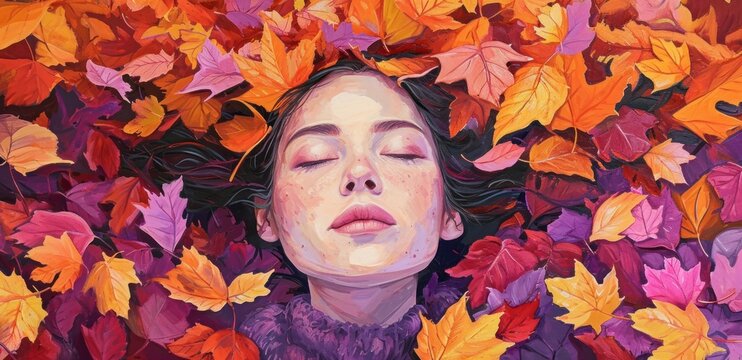  a painting of a woman with her eyes closed in a field of autumn leaves, with her eyes closed and her eyes closed to the side, with her eyes closed.