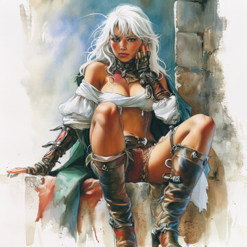  a painting of a woman with white hair and boots sitting on a ledge with her hands on her hips and a knife in her other hand and her other hand.