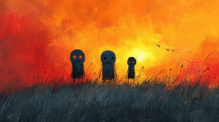  a painting of three creepy faces standing in a field of tall grass with a bright orange sky in the background and a bird flying over the top of the painting. - obrazy, fototapety, plakaty