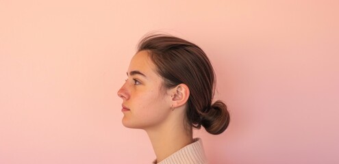  a woman standing against a pink wall with her head turned to the side, wearing a turtle neck sweater and a ponytail in front of her head, looking to the side.