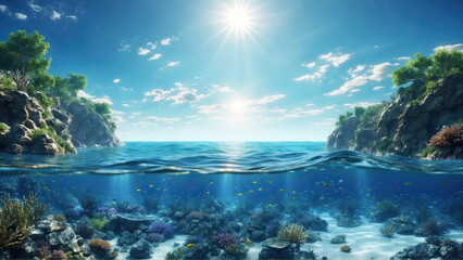 The ocean water line separates the sky and underwater with a tropical rocky shore above the...