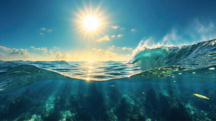 Underwater view of the sea waves combined underwater and surface view. Bright sunlight and blue clear sky over the surface of the sea. Split underwater. - obrazy, fototapety, plakaty