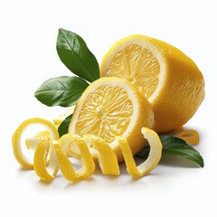 Lemon And A Twist Of Lemon Peel With Leaf Garnish On A White Background; Toronto, Ontario,