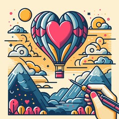 : heartwarming illustration of a love-filled hot air balloon ride in vibrant flat colors, perfect for Valentine's Day .