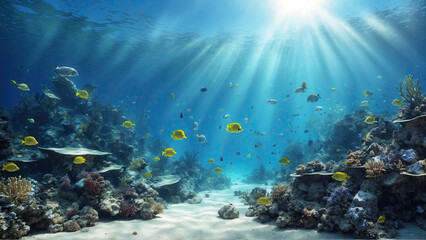 Naklejka na ściany i meble Depths of the sea or ocean underwater with a coral reef as a background and fish. Underwater scene with sunlight and blue ocean background.
