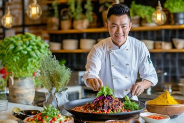 Young asian chef presenting a gourmet dish in a restaurant kitchen, surrounded by fresh herbs
