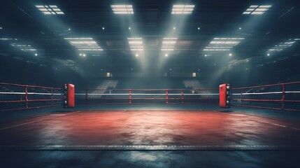 Illuminated boxing ring with blue and red corners under spotlights. Concept of sports, competition, boxing, combat sports, training Sessions
