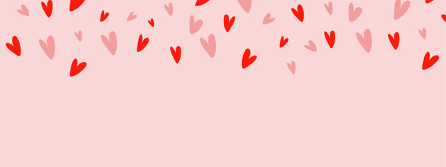 Love valentine background with pink and red petals of hearts on rose background. Vector banner, postcard, background.The 14th of February. Vector EPS 10