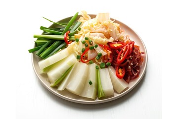 Thinly sliced radish squares and other vegetables including cabbage, scallions and red chili peppers for water kimchi, also known as Nabak kimchi on isolated white background.