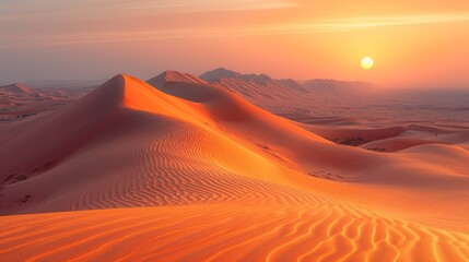  the sun sets over a desert landscape with sand dunes in the foreground and a mountain range in the distance, in the distance, in the distance is a distant horizon.