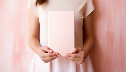 Elegant woman hands holding blank magazine on pink background design template for mockups